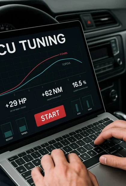 ECU tuning met laptop - prestatieverbetering auto Technicus voert ECU tuning uit met laptop in auto